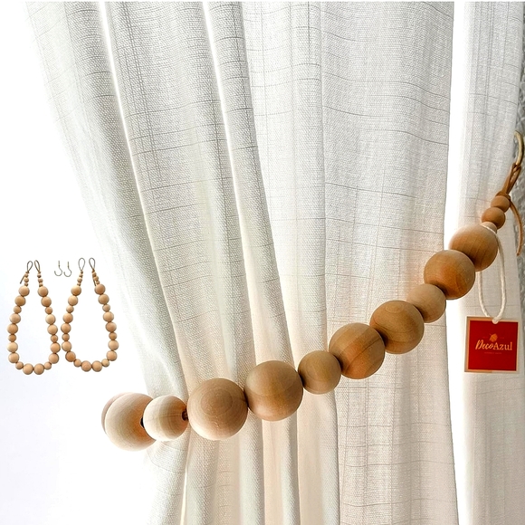 Navy Sheer Curtain Set with Wooden Tiebacks & Leather Curtain Rod Holders - Picture 6 of 9